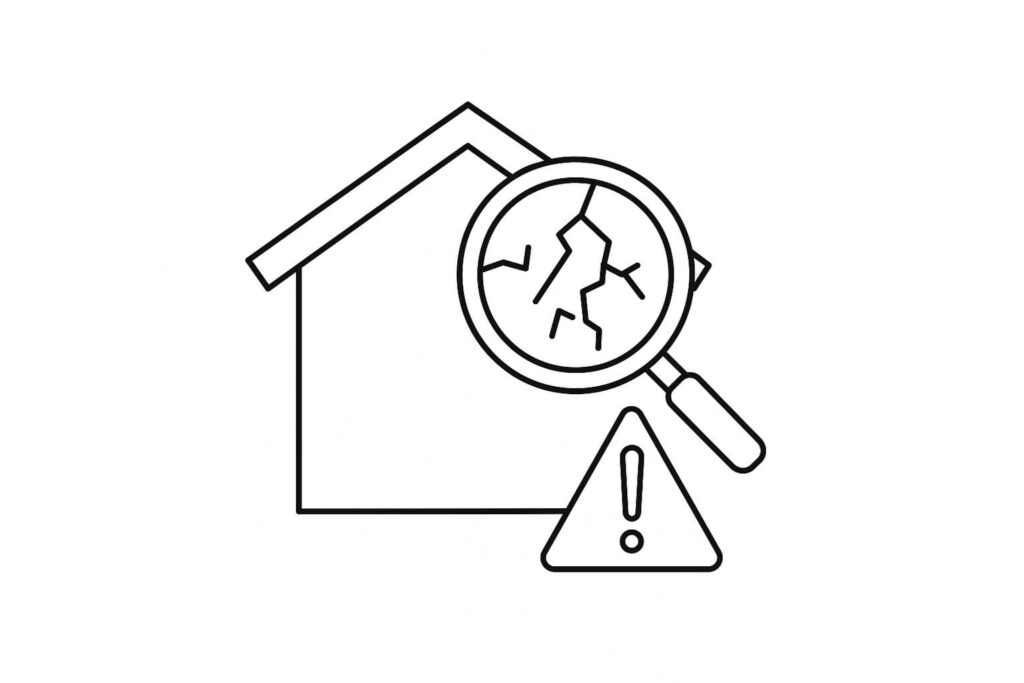 Line drawing of a house with a magnifying glass showing a crack, and an exclamation mark inside a triangle, indicating a structural problem or home inspection issue.