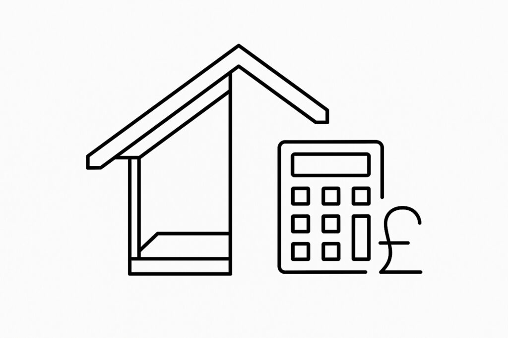Line drawing of a house, a calculator, and a pound sterling symbol.