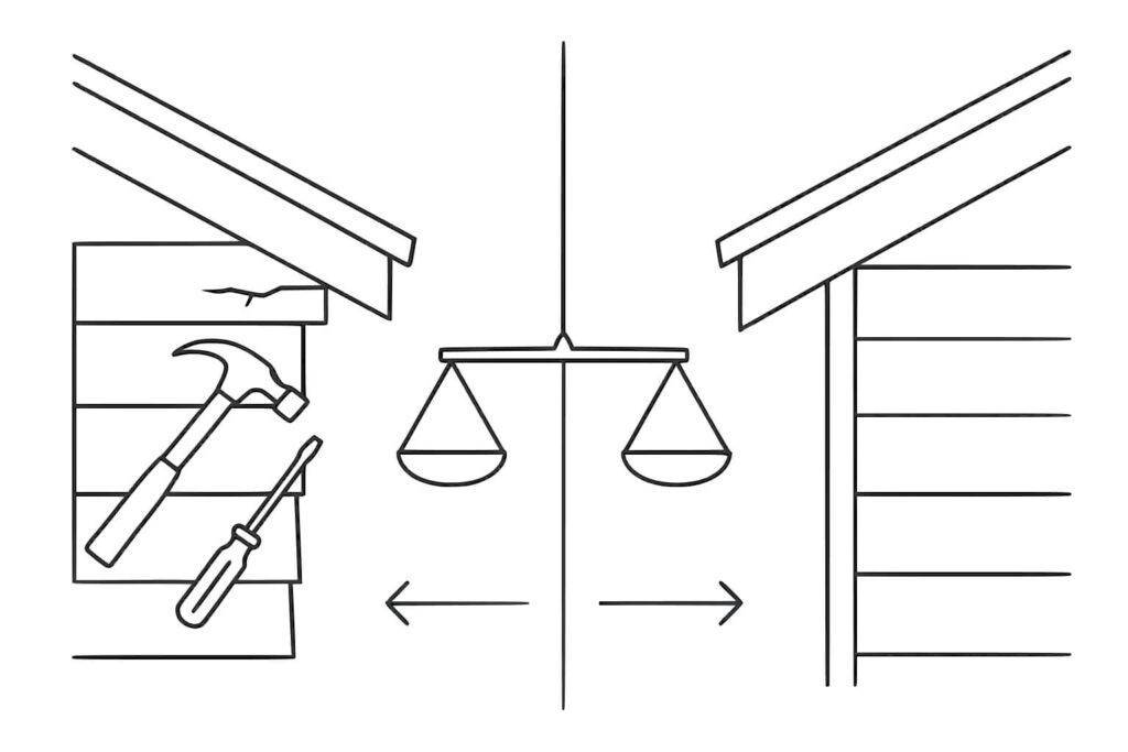 A scale hangs between two houses; one side shows damaged siding with a hammer and screwdriver, the other shows repaired siding. Arrows indicate comparison.