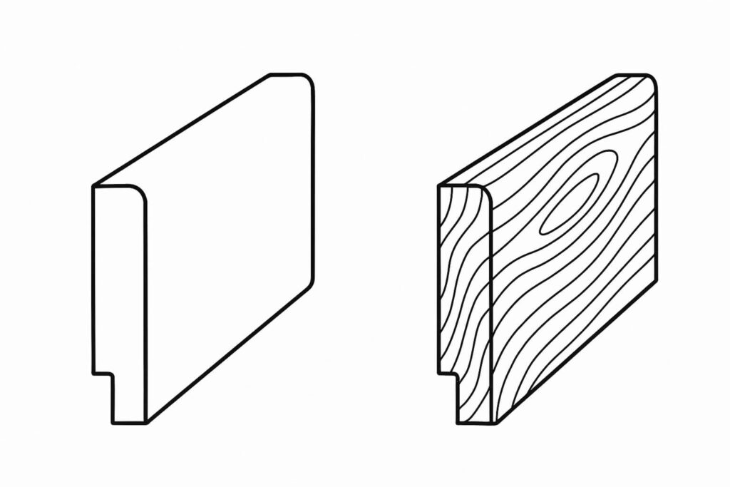 Two simple drawings of a rectangular board with a notched edge; the left is plain, and the right shows a wood grain pattern.